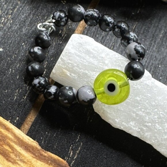Snowflake black obsidian beaded ring with evil's eye - Picture 1 of 4